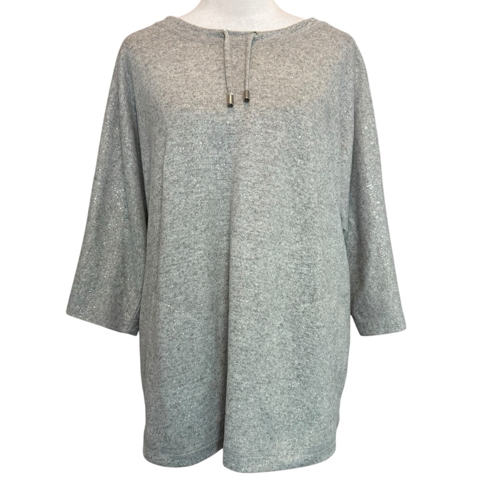 Chico's Weekends Knit Top Size 1 Silver Gray Pockets 1/2 Sleeves